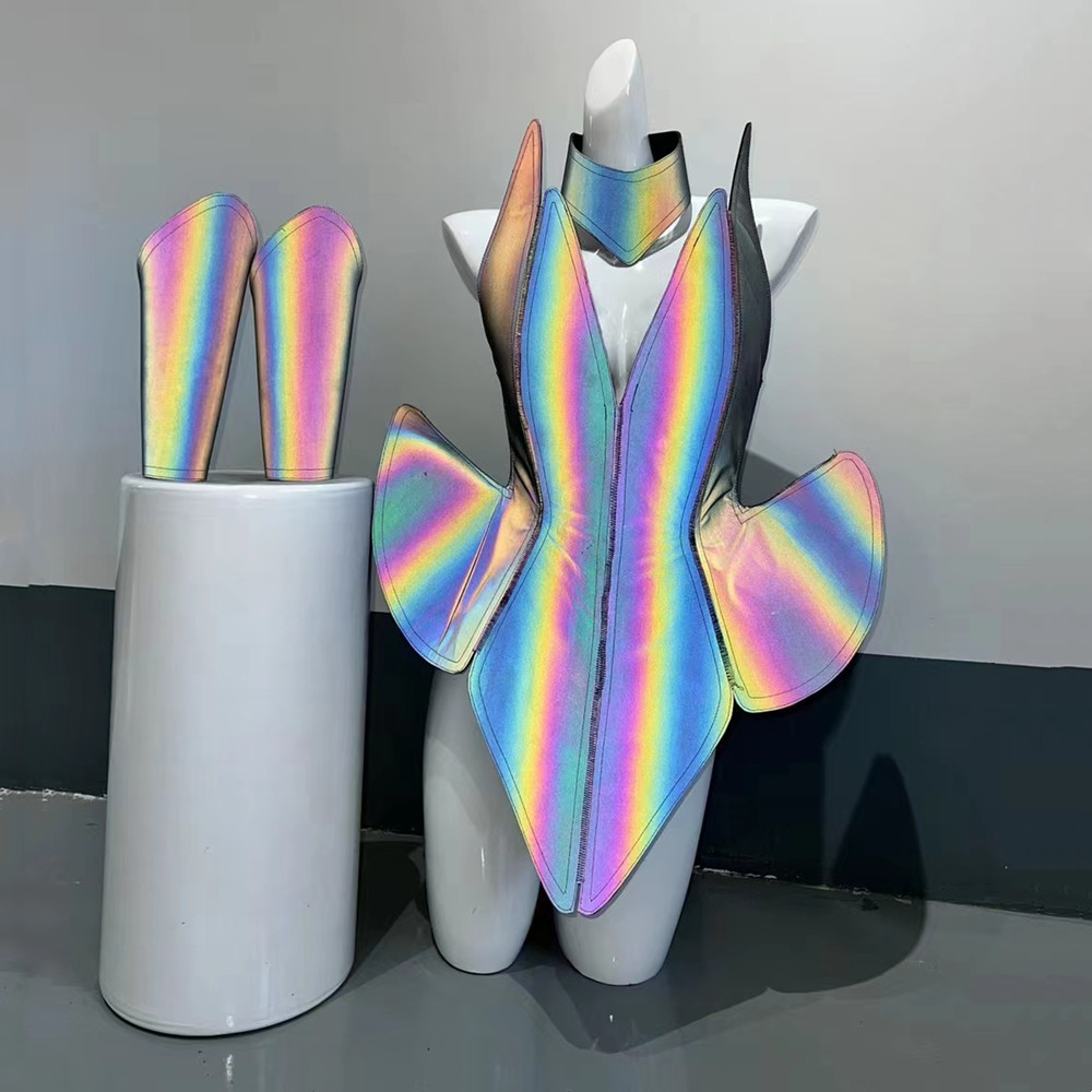 Tech Queen - Gaun Mini Reflektif Laser Wanita, Kostum
